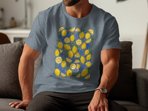 T-shirt with a pattern of yellow lemons and green leaves on a blue striped background.