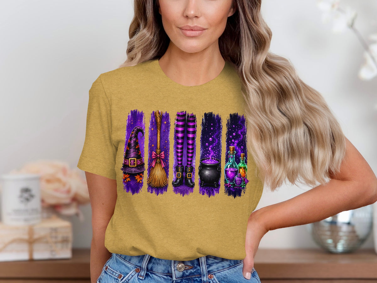 Witchy elements including hat, broom, legs, cauldron, and potion bottles on a graphic tee.