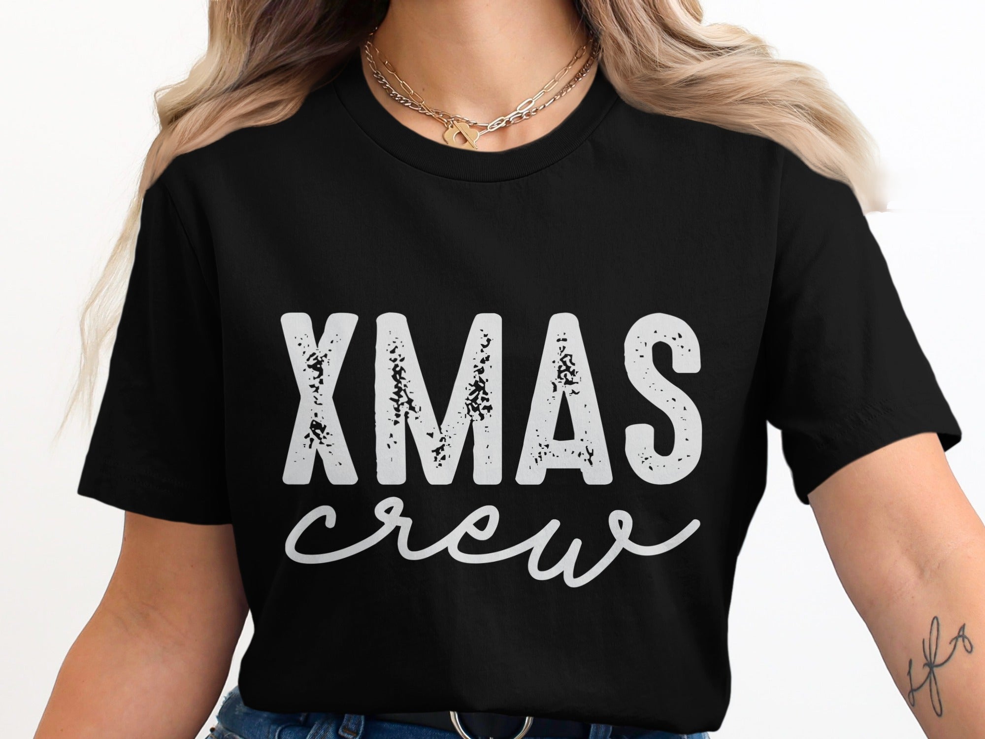 Black t-shirt with "XMAS crew" text in white distressed and script font.