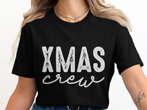 Black t-shirt with "XMAS crew" text in white distressed and script font.