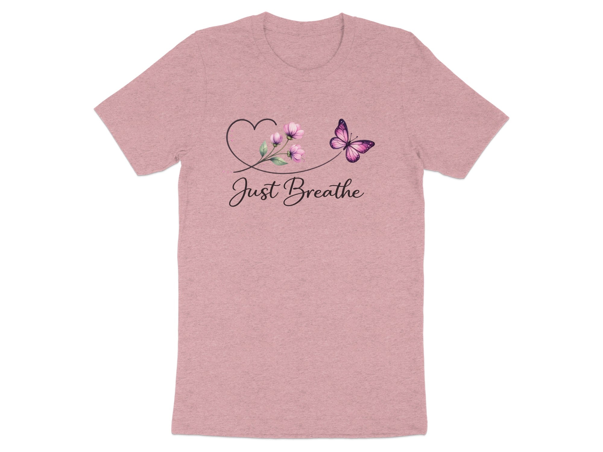 Pink t-shirt with a heart, flowers, butterfly, and "Just Breathe" text.