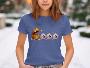 Three cartoon dumplings with shocked faces run away from an open bamboo steamer basket.