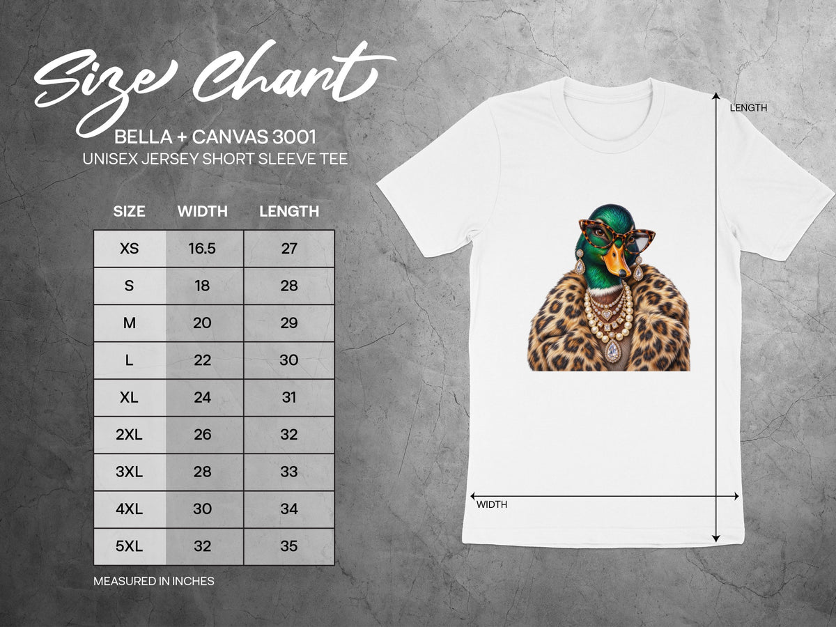 Size chart for BELLA + CANVAS 3001 unisex short sleeve tee with measurements.