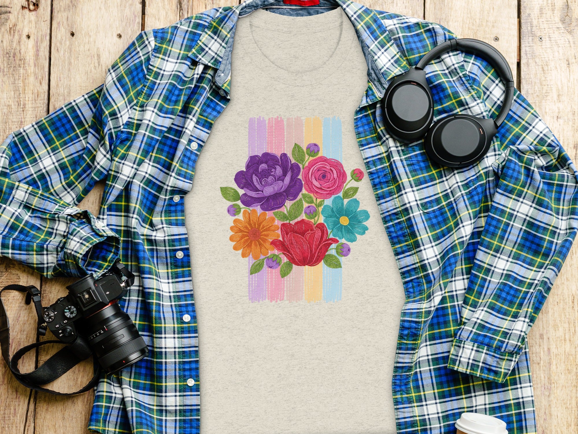 T-shirt with colorful floral design and pastel stripes, layered with flannel shirt.