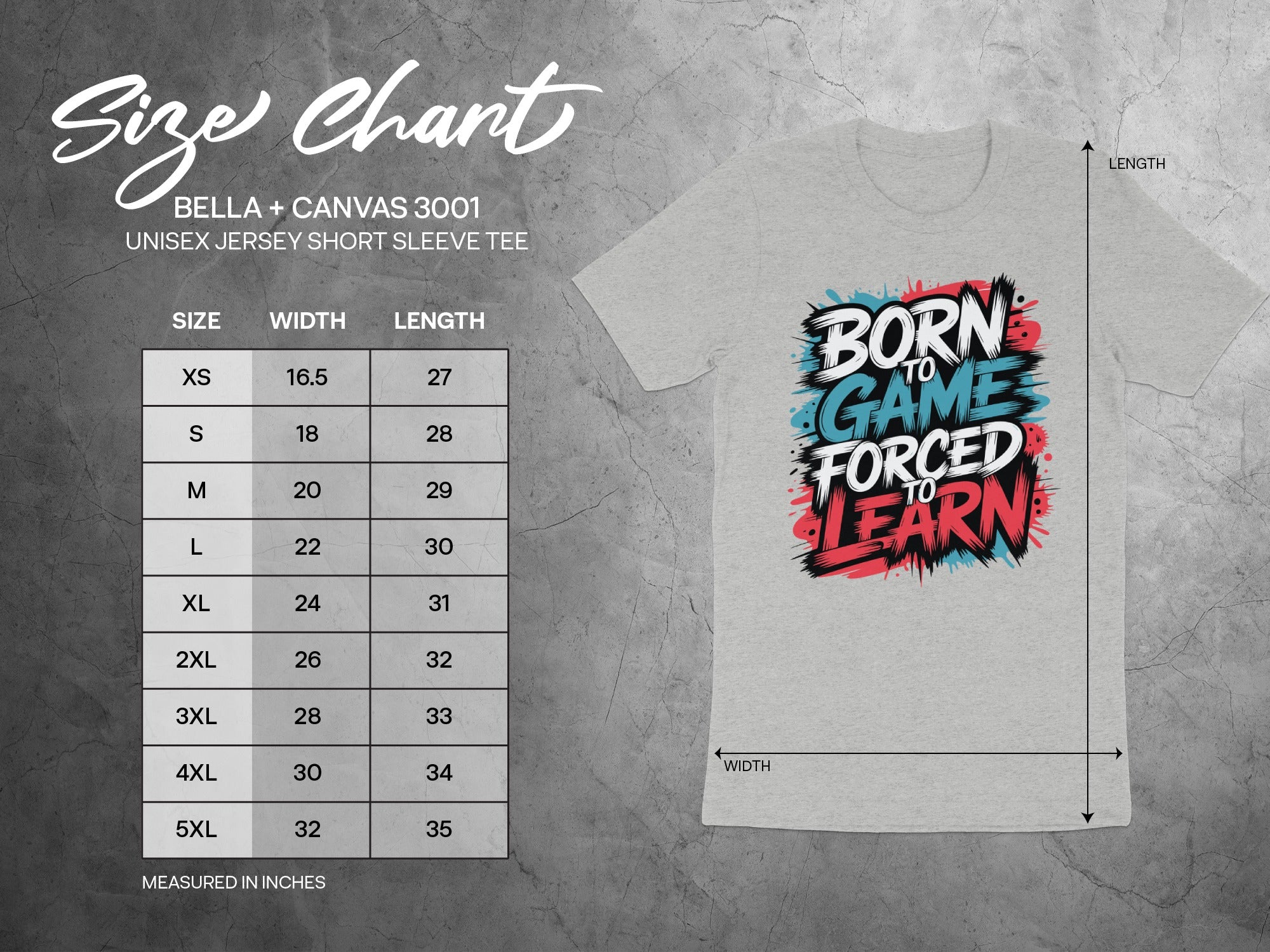 Bella + Canvas 3001 size chart showing measurements for unisex jersey short sleeve tees.