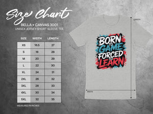 Bella + Canvas 3001 size chart showing measurements for unisex jersey short sleeve tees.