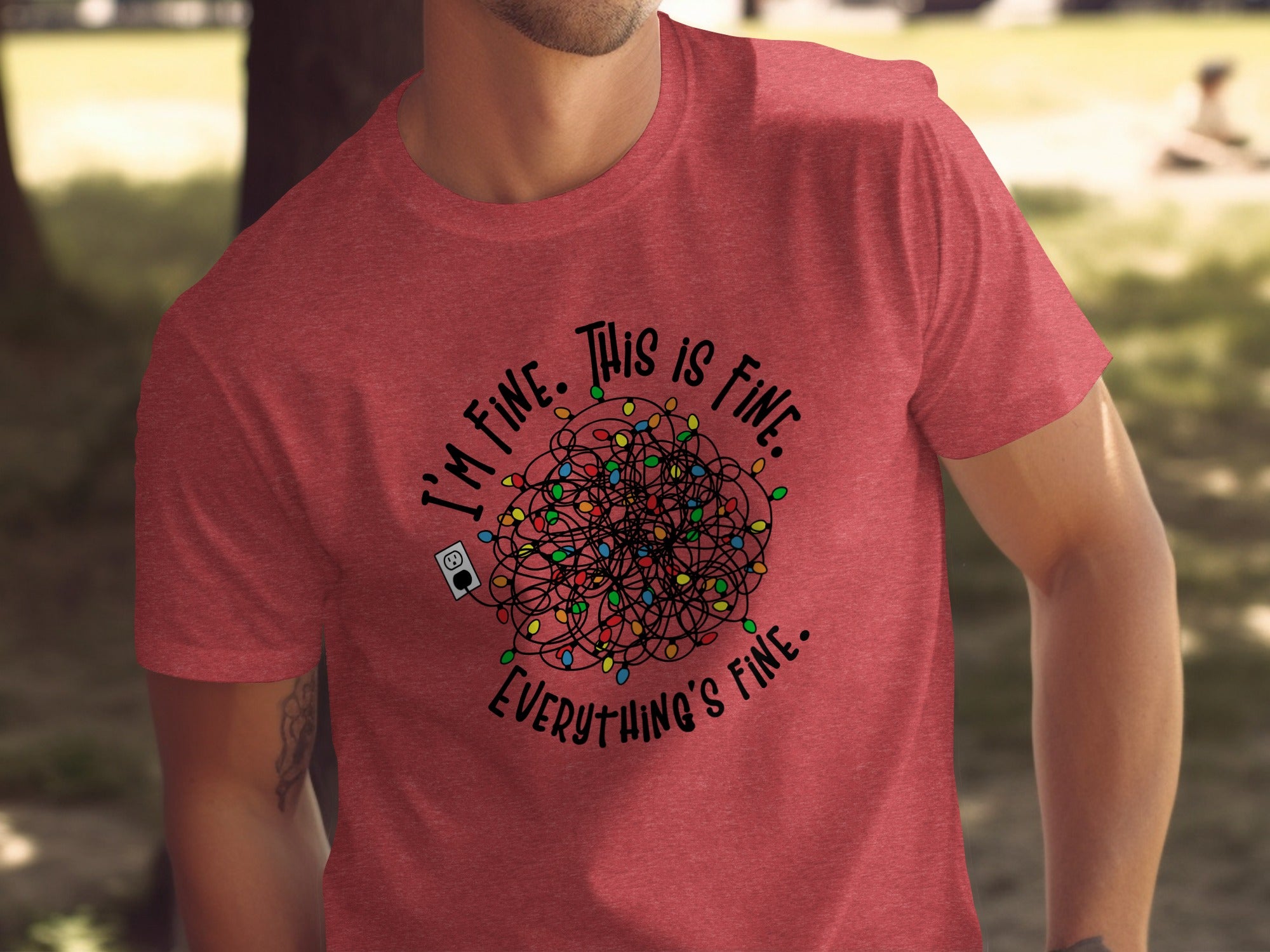 Red t-shirt with tangled Christmas lights and text "I'm fine. This is fine. Everything's fine."