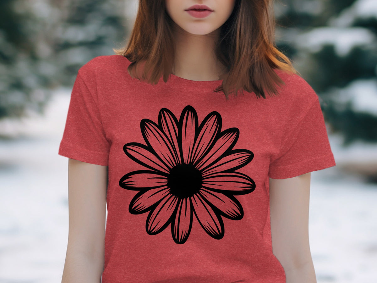 Red t-shirt with a black outline of a daisy flower graphic.