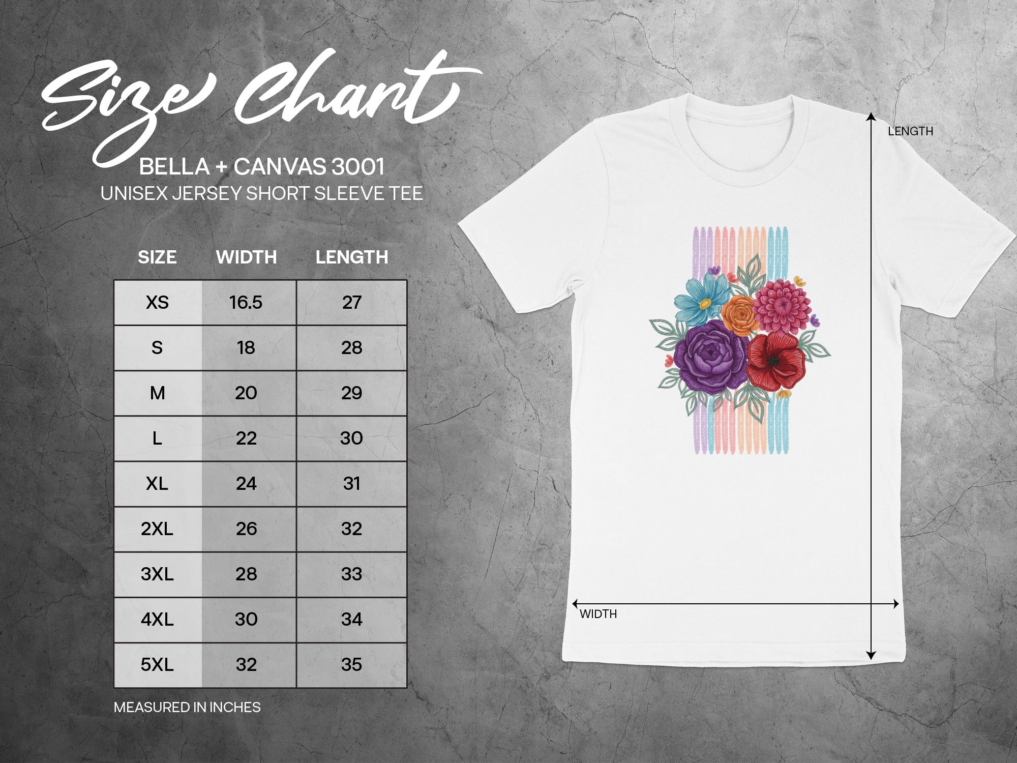 Bella + Canvas 3001 size chart with floral graphic on white t-shirt.