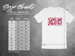 Bella + Canvas 3001 unisex t-shirt size chart with width and length measurements.