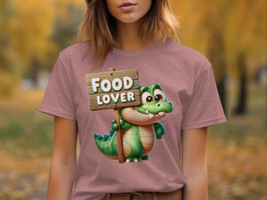 Cartoon alligator holding a wooden sign reading "FOOD LOVER".