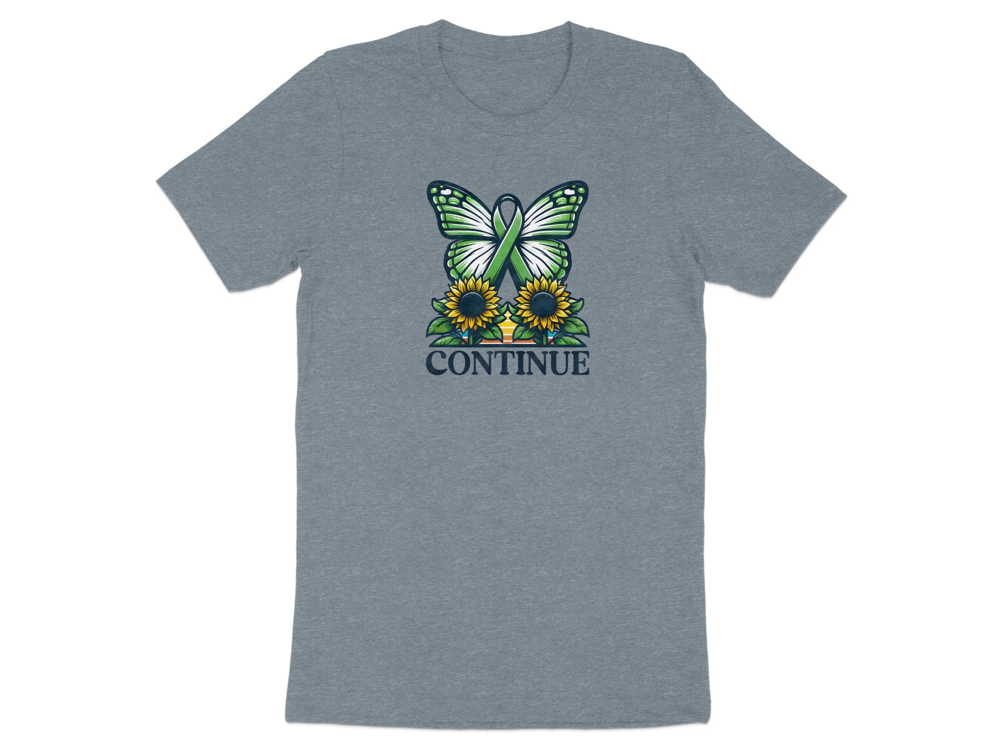 Grey t-shirt with a butterfly, sunflowers, and the word CONTINUE.