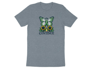 Grey t-shirt with a butterfly, sunflowers, and the word CONTINUE.