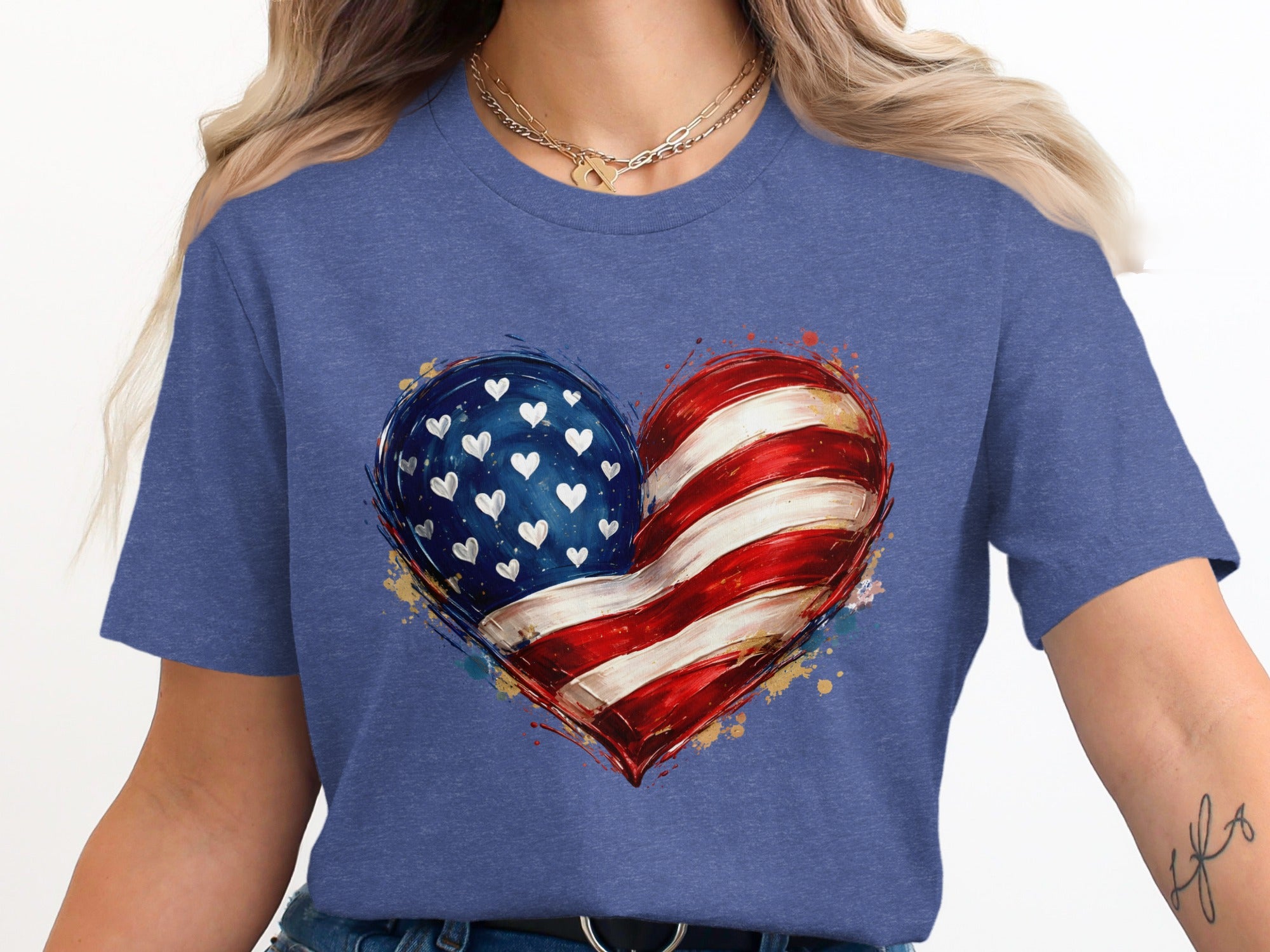 Heart-shaped American flag graphic with white hearts on blue, red and white stripes.