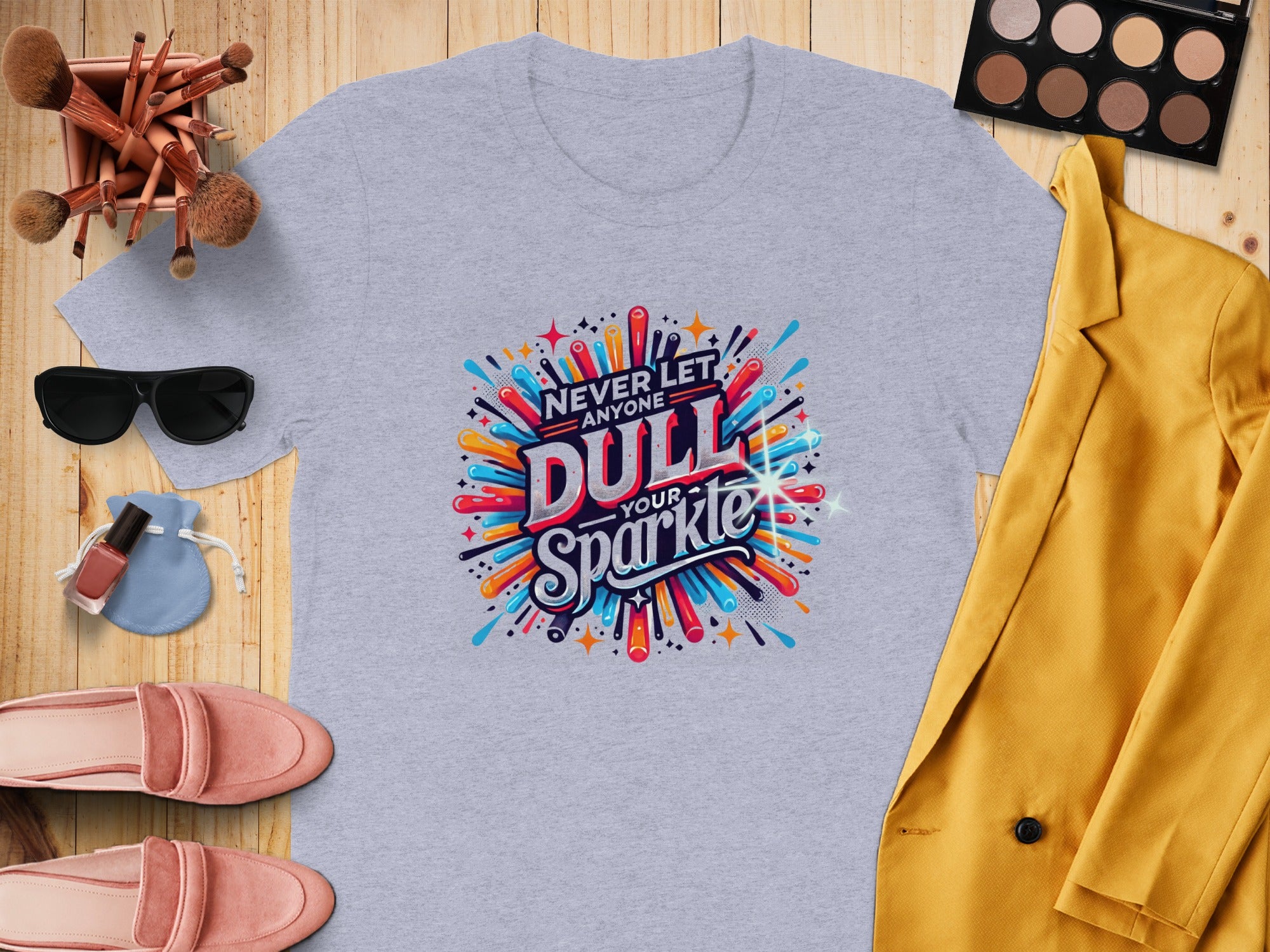 Light gray t-shirt with "Never Let Anyone Dull Your Sparkle" graphic and surrounding accessories.