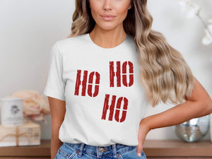 White t-shirt with red "HO HO HO" graphic design on chest.
