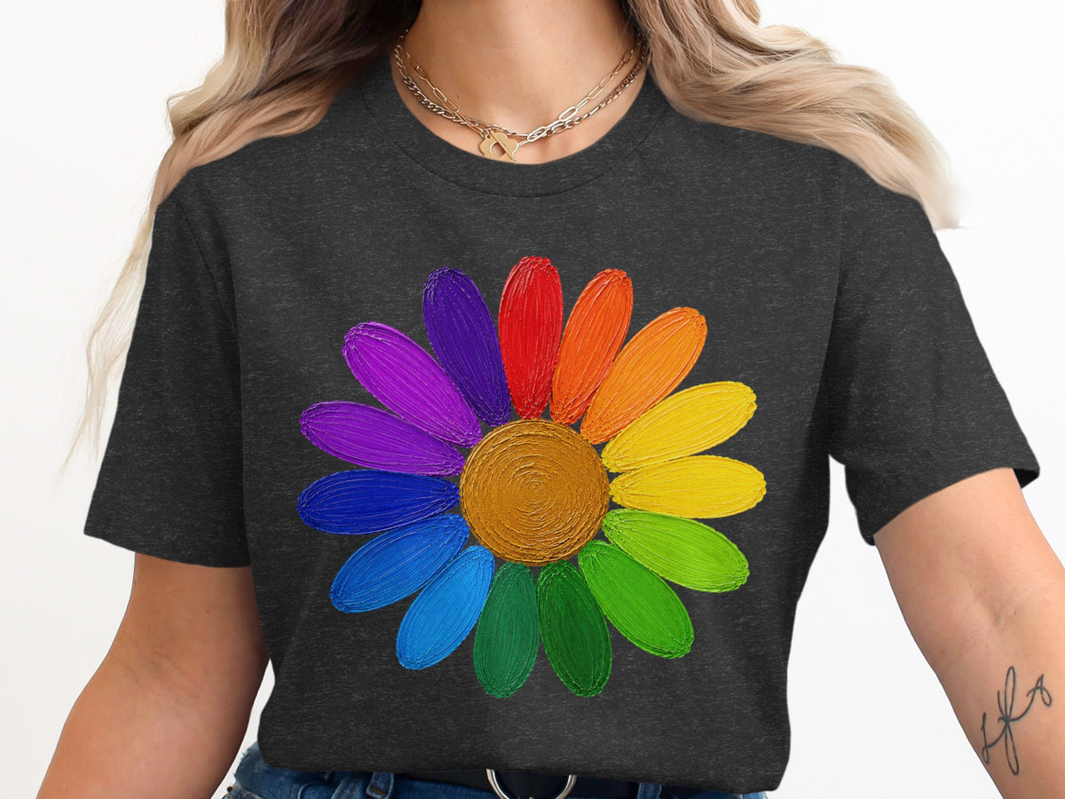 Dark grey t-shirt with a rainbow-colored flower graphic on the chest.