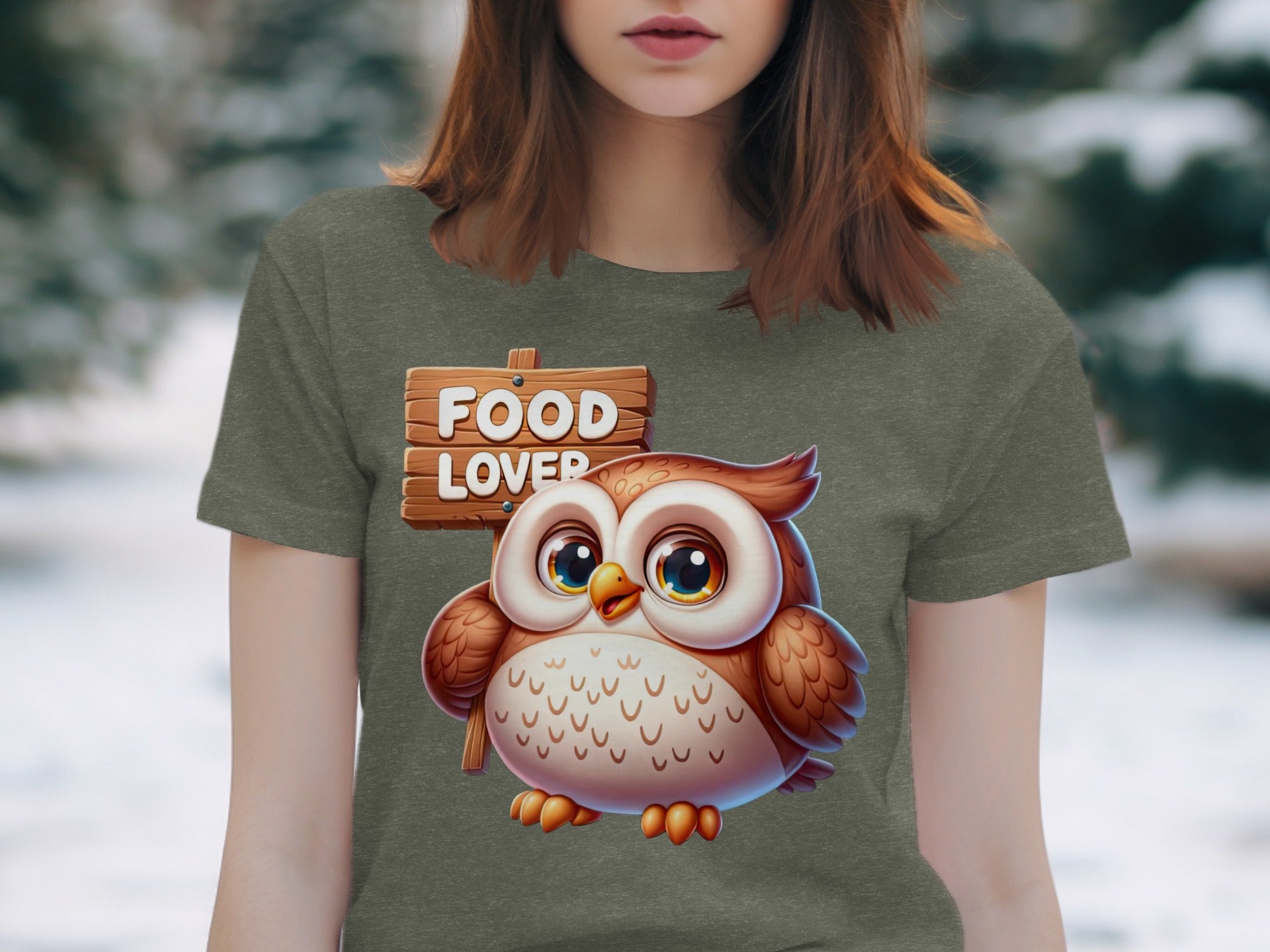 Cartoon owl with "Food Lover" sign on a gray t-shirt.