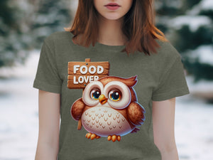Cartoon owl with "Food Lover" sign on a gray t-shirt.