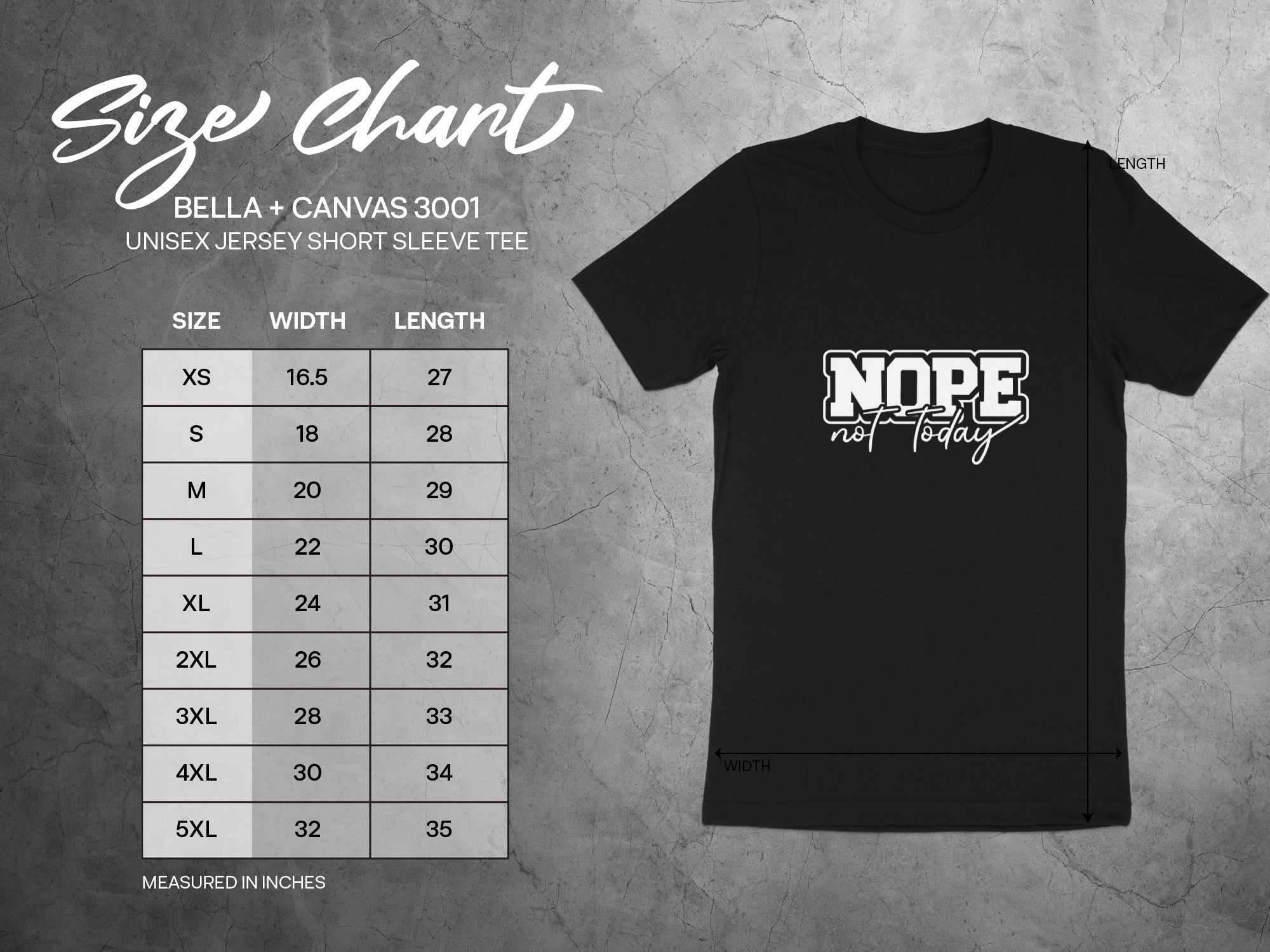 BELLA + CANVAS 3001 size chart with width and length measurements for unisex jersey tees.