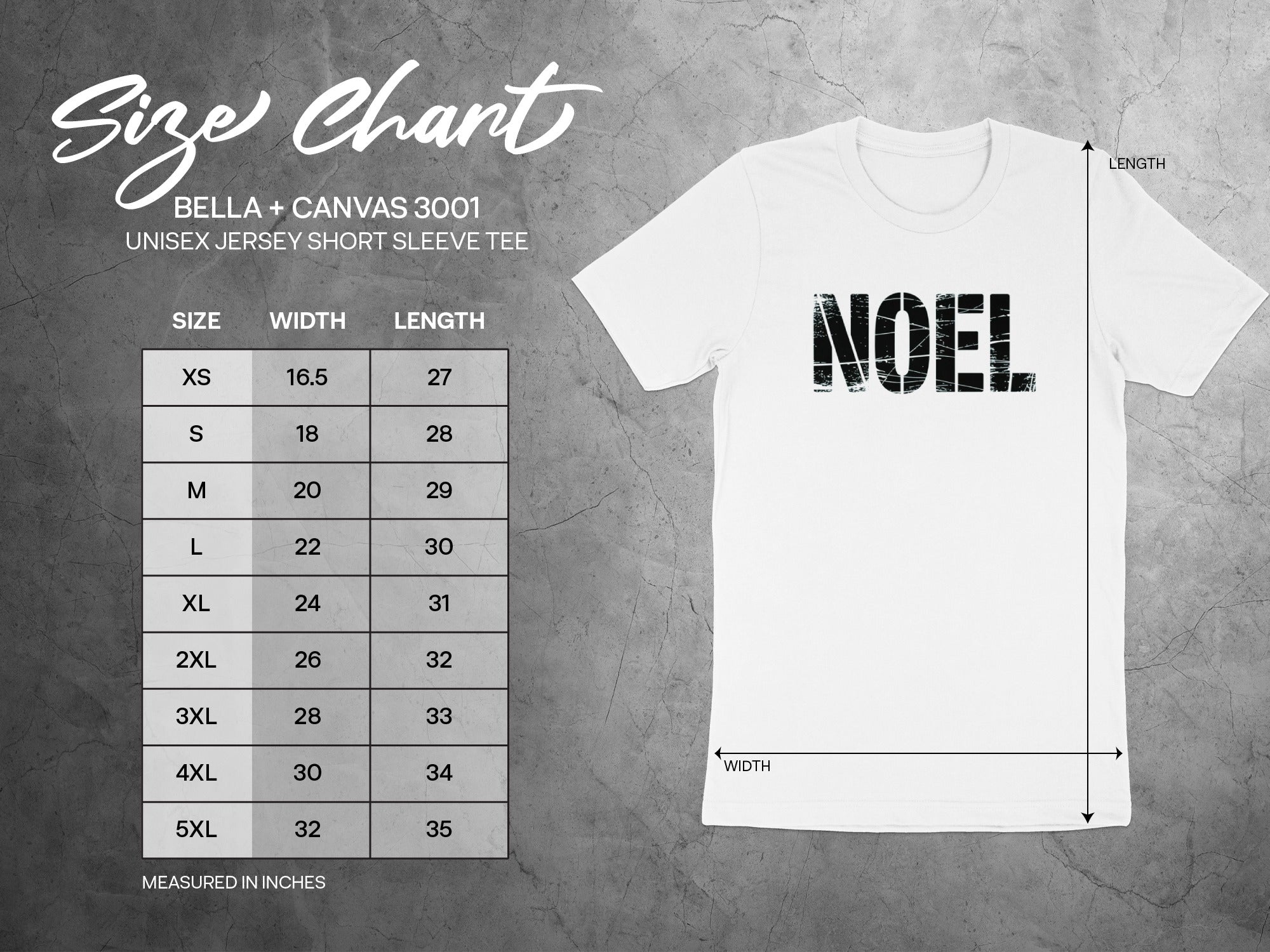Bella + Canvas 3001 unisex t-shirt size chart with width and length measurements in inches.