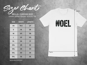 Bella + Canvas 3001 unisex t-shirt size chart with width and length measurements in inches.