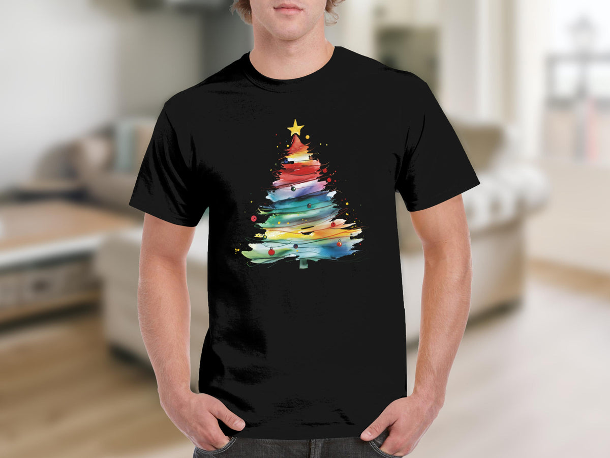 Black t-shirt featuring a watercolor Christmas tree with colorful brushstrokes and ornaments.
