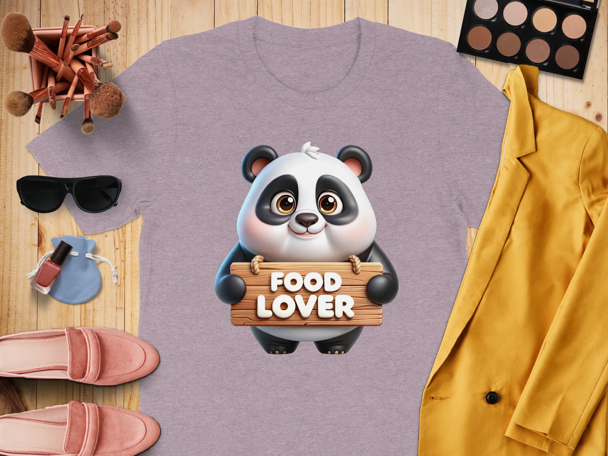 Lavender t-shirt with a cute panda holding a "Food Lover" sign.