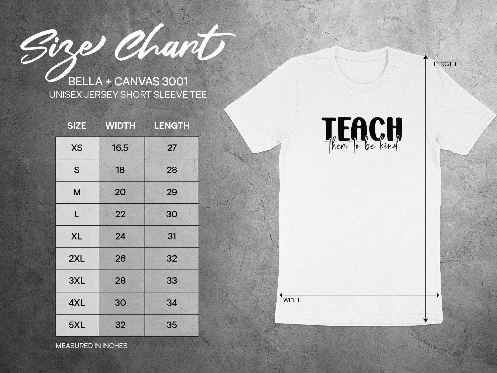 BELLA + CANVAS 3001 unisex tee size chart with width and length measurements in inches.