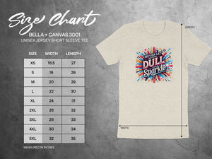 Size chart for Bella + Canvas 3001 unisex t-shirt with "Dull Your Sparkle" graphic.