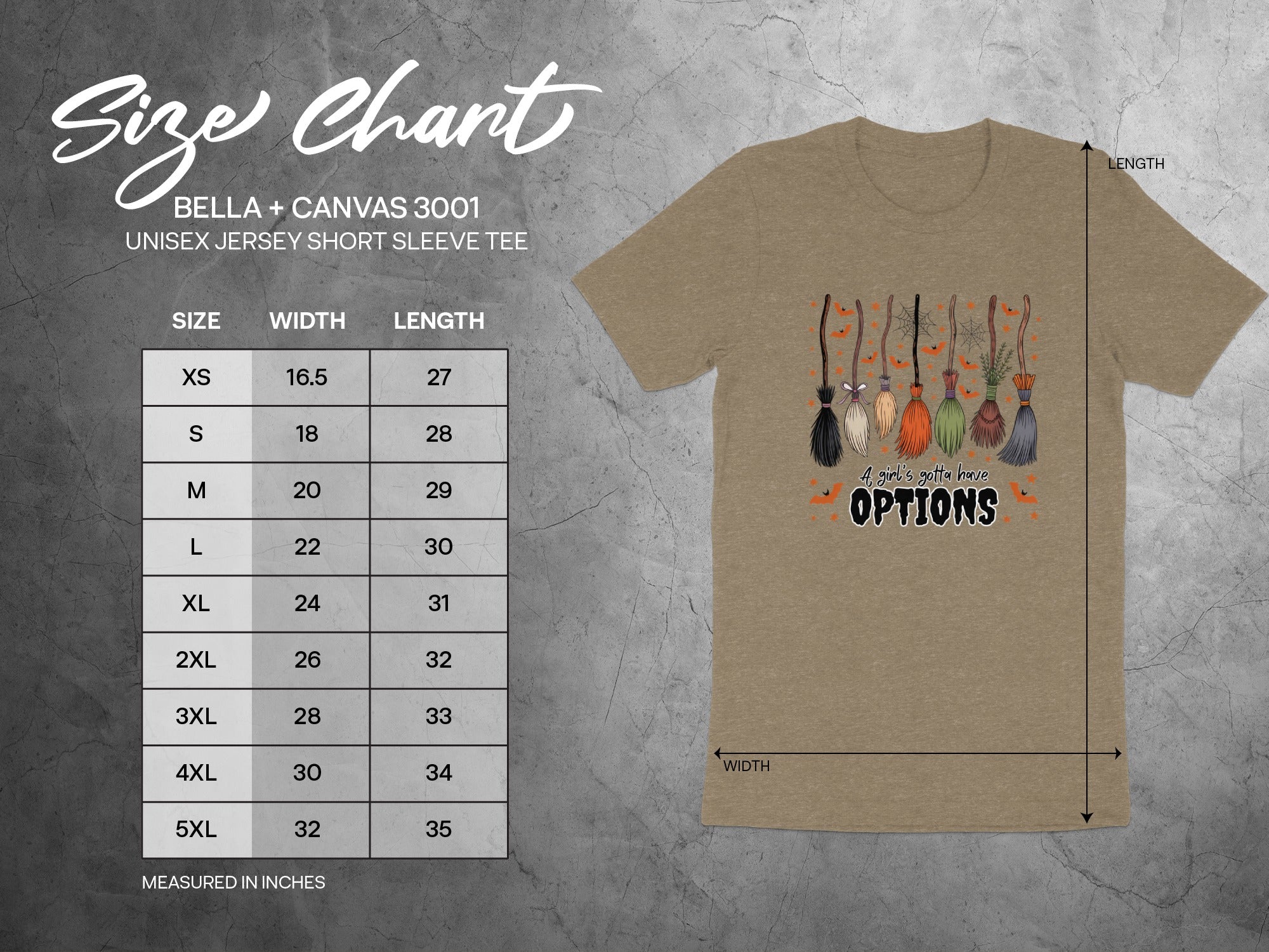 BELLA+CANVAS 3001 size chart for unisex jersey short sleeve tee.