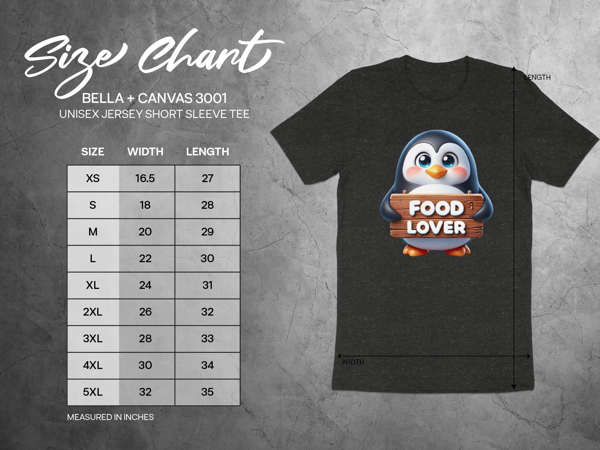 Bella + Canvas 3001 unisex jersey tee size chart with measurements and a penguin graphic.
