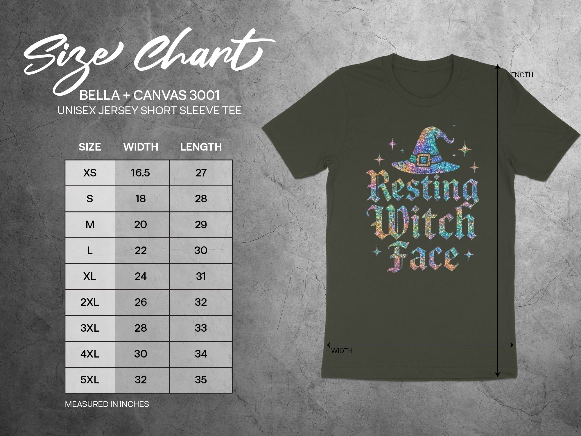 BELLA+CANVAS 3001 size chart includes width and length measurements in inches.