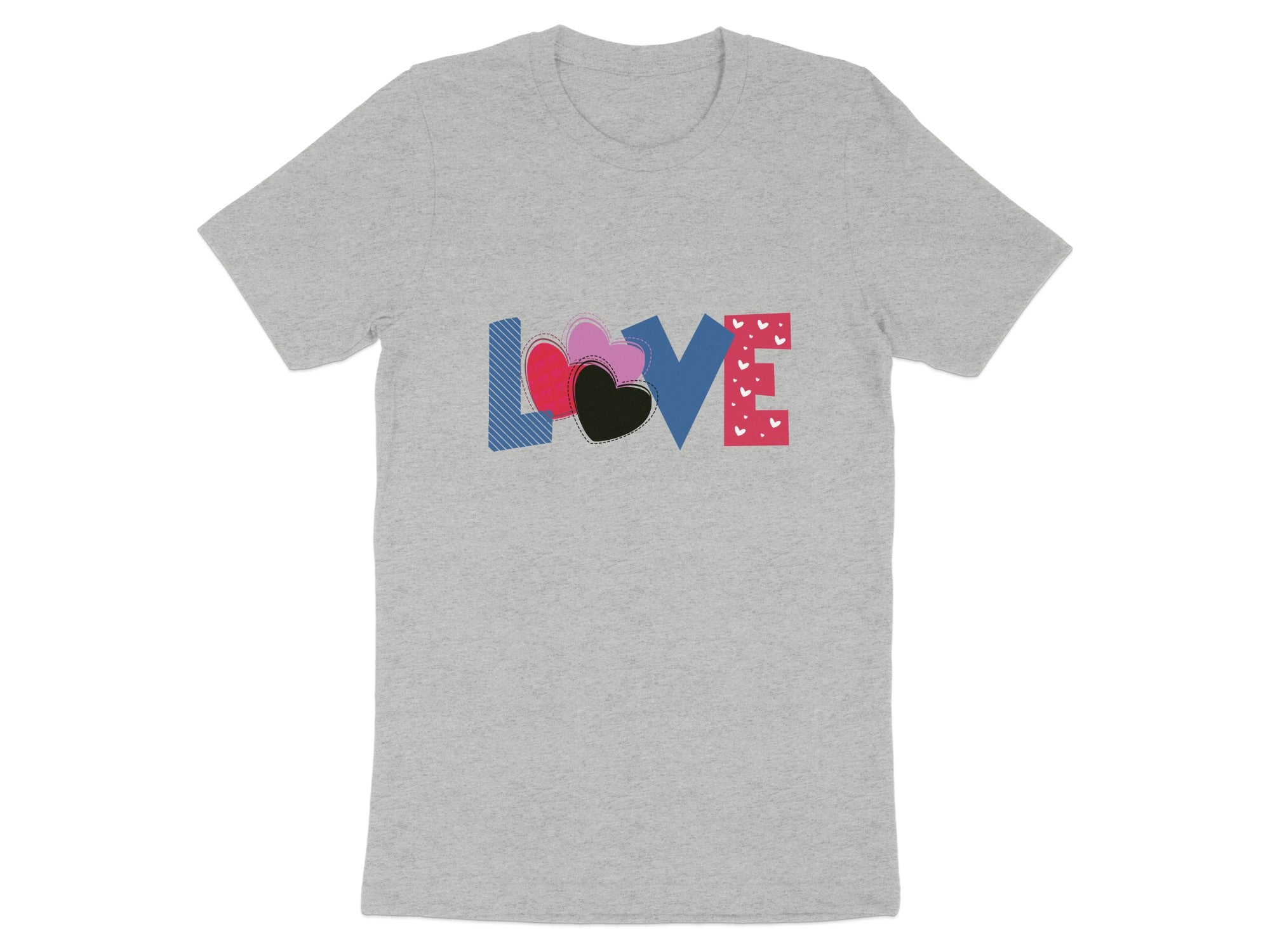 Grey t-shirt with the word "LOVE" in stylized block letters with hearts.