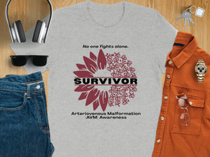 Gray t-shirt with "No one fights alone. SURVIVOR. Arteriovenous Malformation (AVM) Awareness" text and sunflower graphic.
