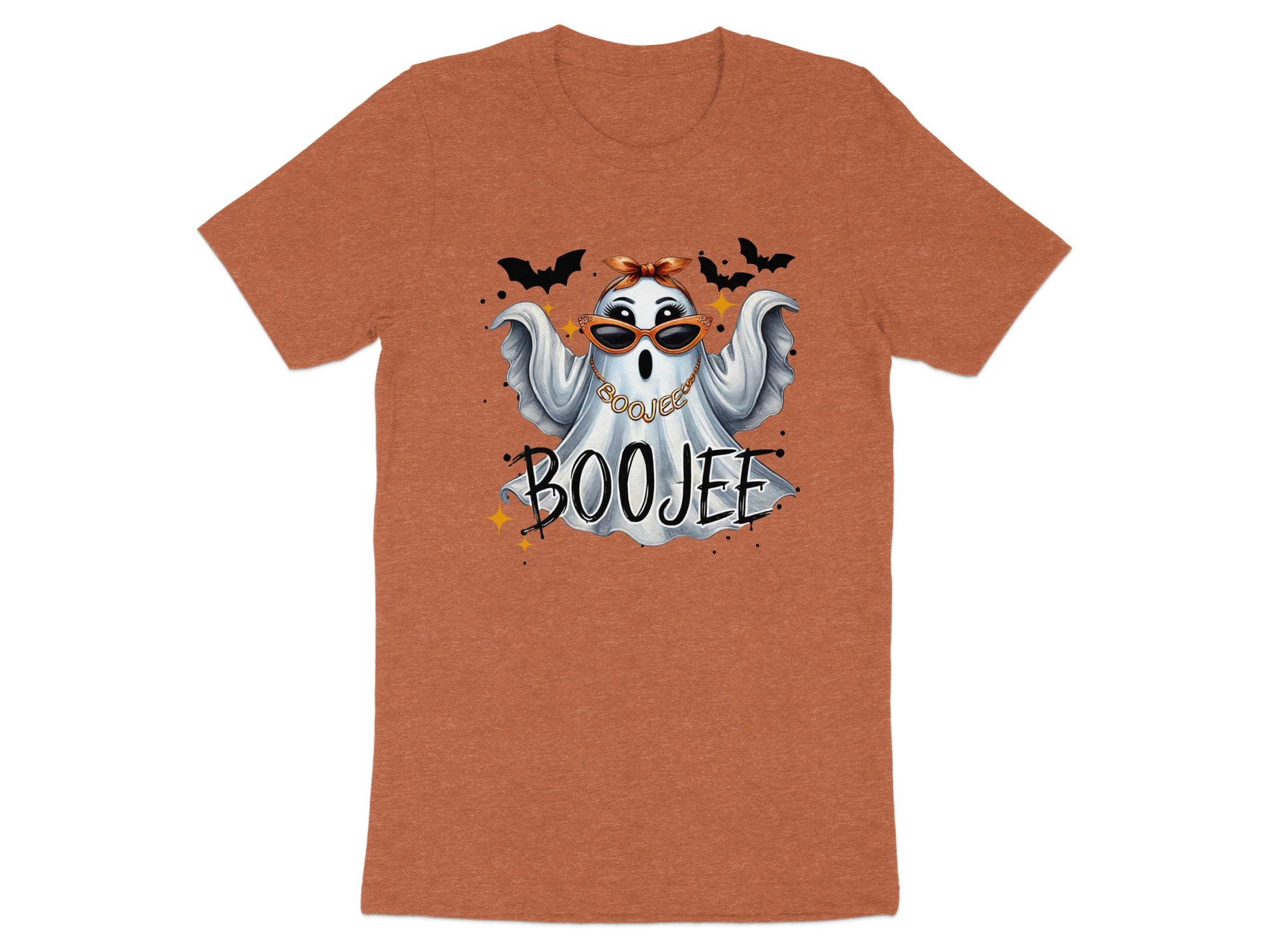 Boojee ghost with sunglasses and bats on an orange t-shirt.