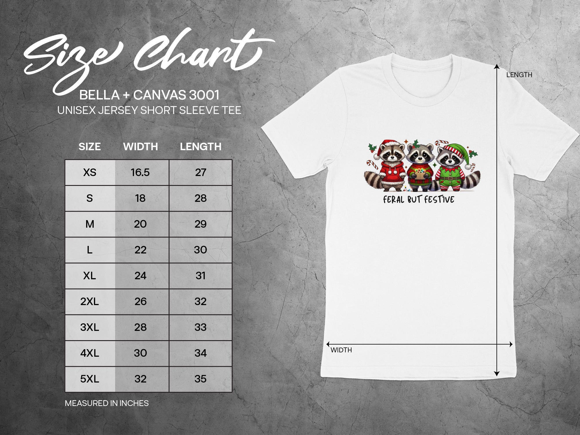 Size chart for Bella + Canvas 3001 unisex tee with festive raccoons.