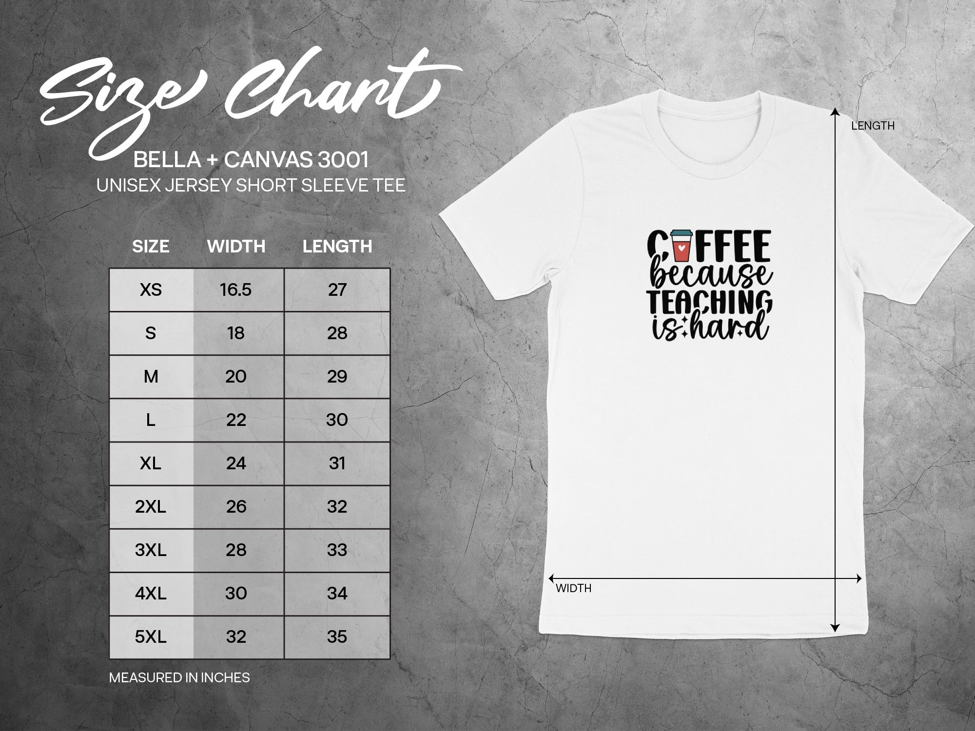 Bella + Canvas 3001 unisex jersey t-shirt size chart with width and length measurements in inches.