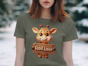 Cartoon giraffe holding a wooden sign that says "Food Lover".