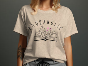 Light-colored t-shirt with "BOOKAHOLIC" text and an open book graphic.