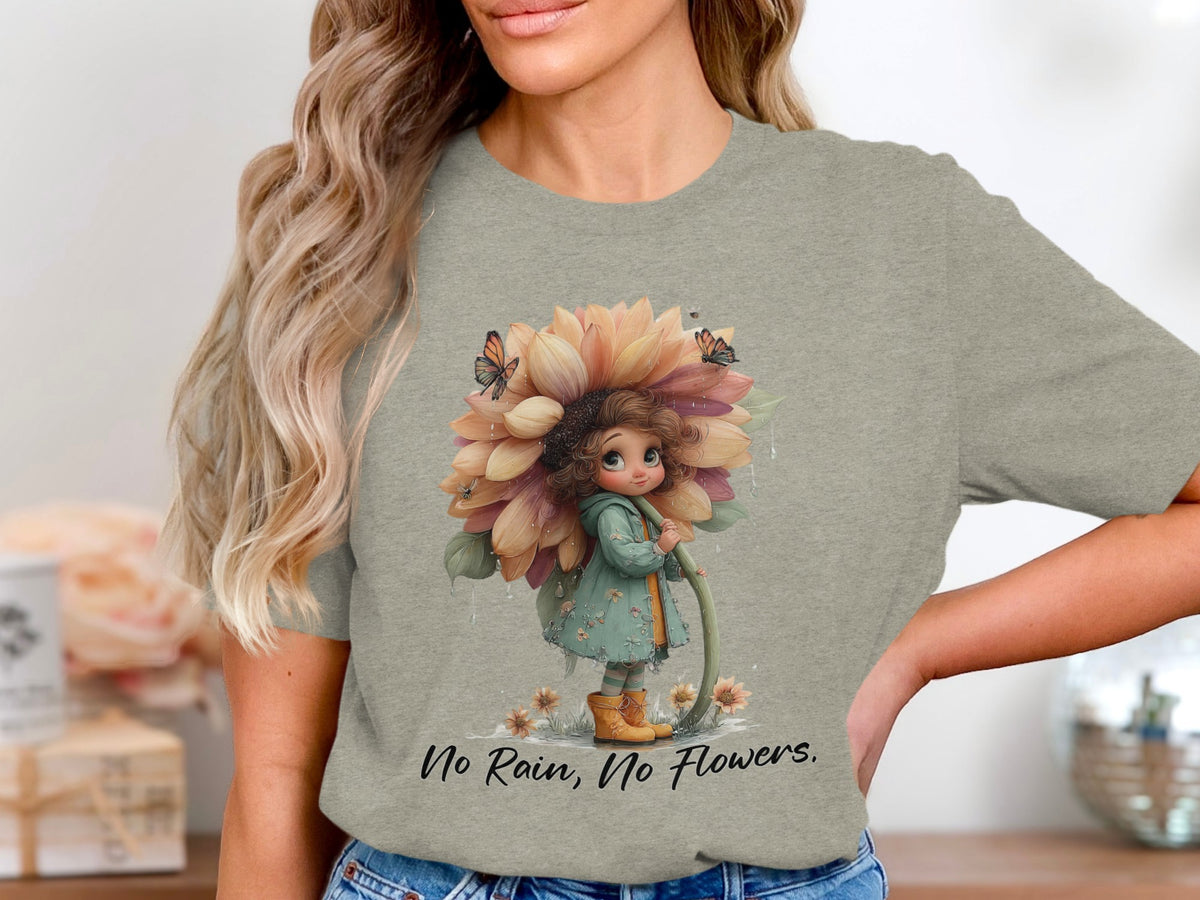 Girl with flower umbrella, watering can, and butterflies. "No Rain, No Flowers."
