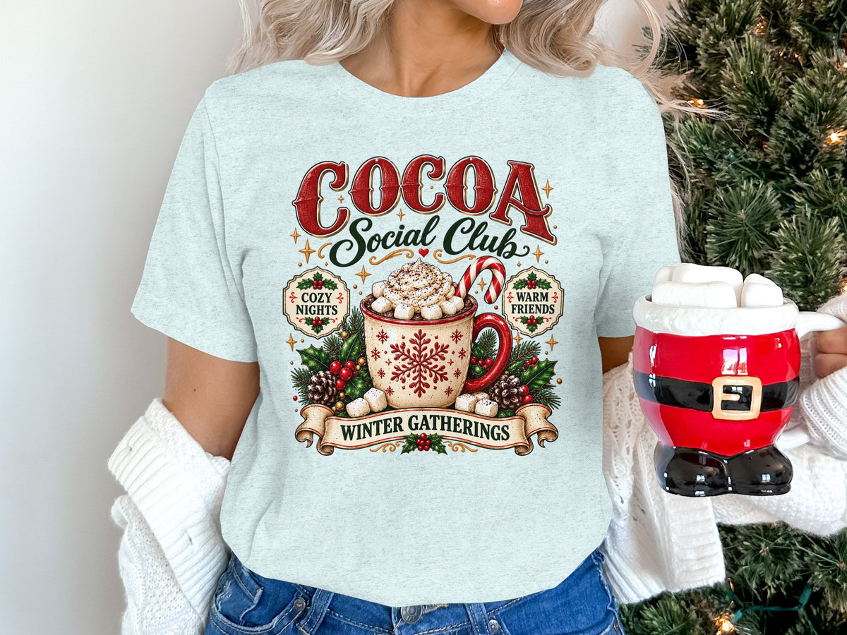 Cocoa Social Club text with a mug of hot cocoa and winter decorations.