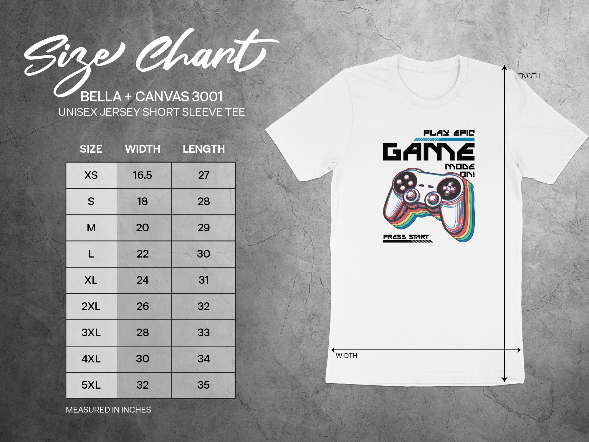 Size chart for Bella + Canvas 3001 unisex t-shirt with graphic.
