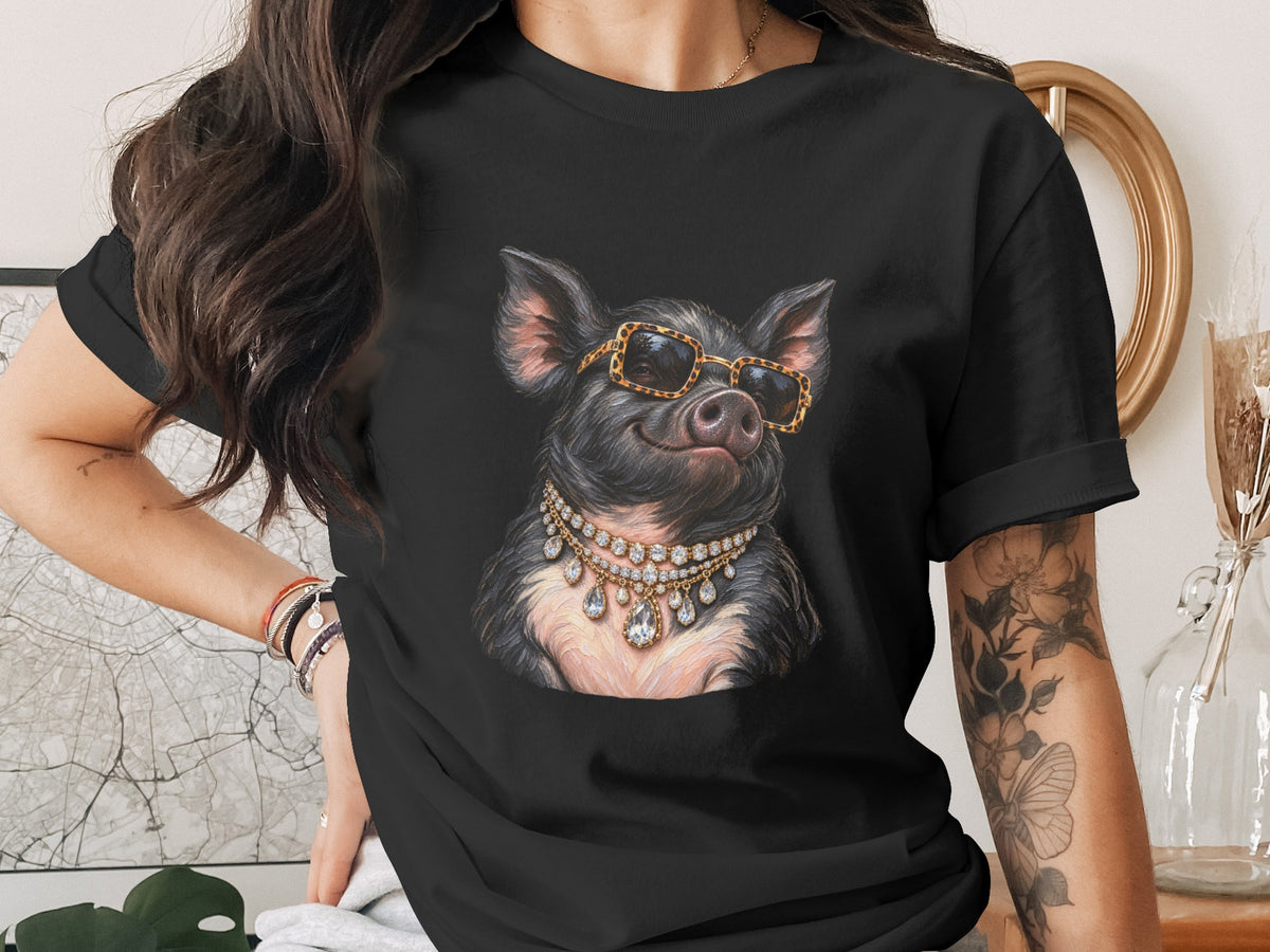 Black t-shirt with a graphic of a pig wearing sunglasses and jewelry.