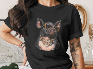 Black t-shirt with a graphic of a pig wearing sunglasses and jewelry.