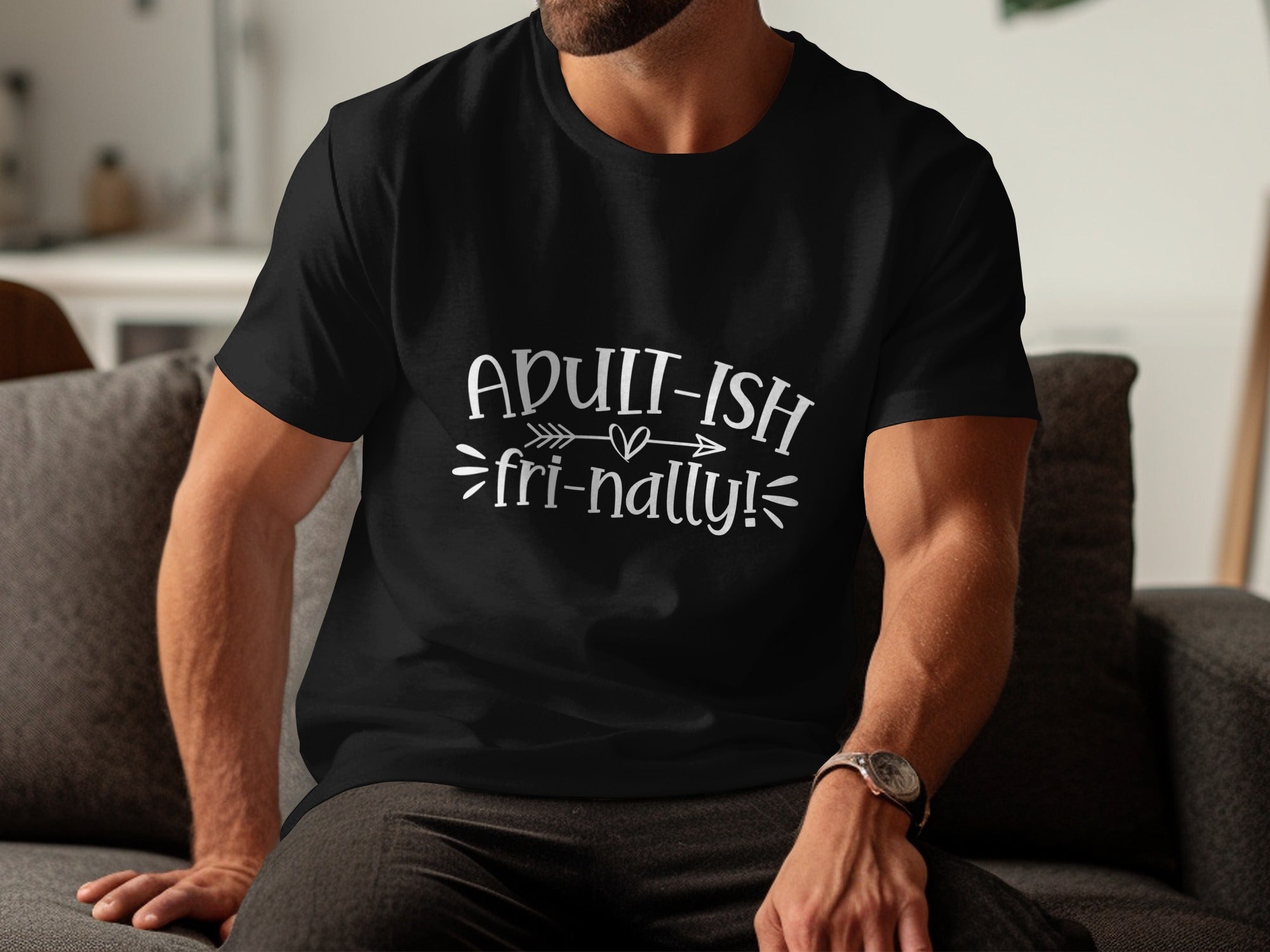 Black t-shirt with "Adult-ish friendly!" text and arrow graphic.