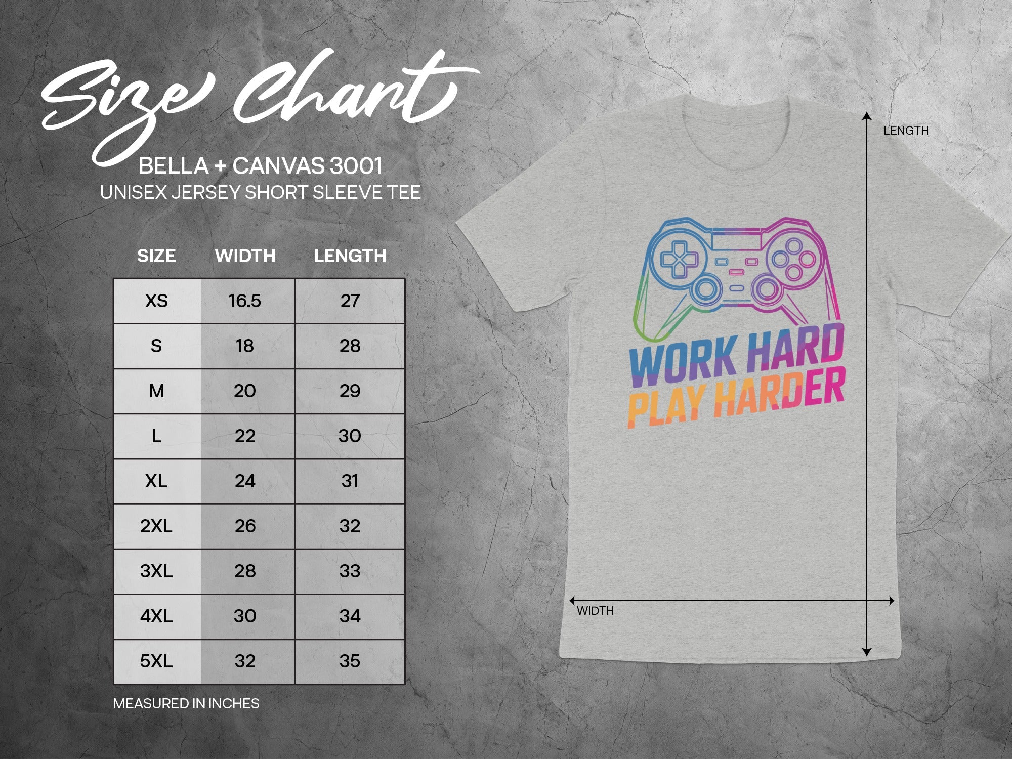 Size chart for Bella + Canvas 3001 unisex jersey short sleeve tee.