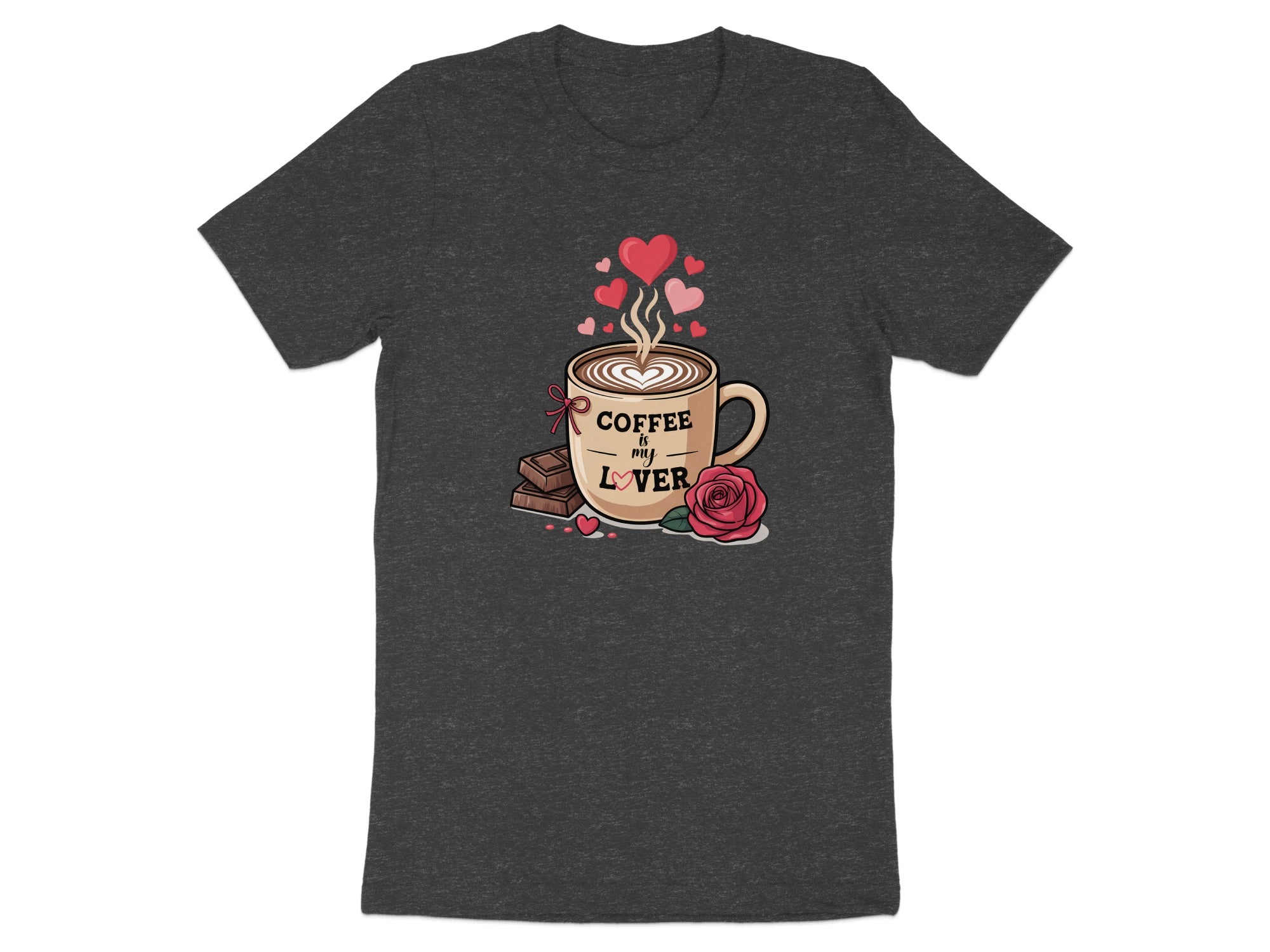 Coffee is my lover design with hearts, rose, and chocolate on a grey t-shirt.