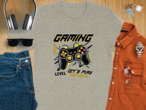 Gray t-shirt with "GAMING" text, a gamepad, and "Let's Play Don't Give Up" quote.