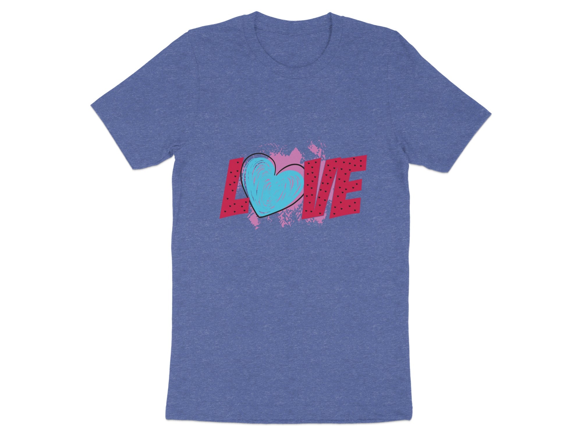 Blue t-shirt with red "LOVE" text and a turquoise heart graphic.